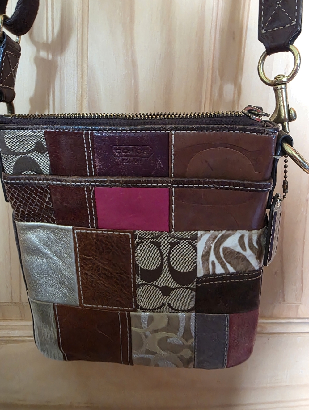 Coach Patchwork Crossbody Bag in Brown, Magenta & Cream